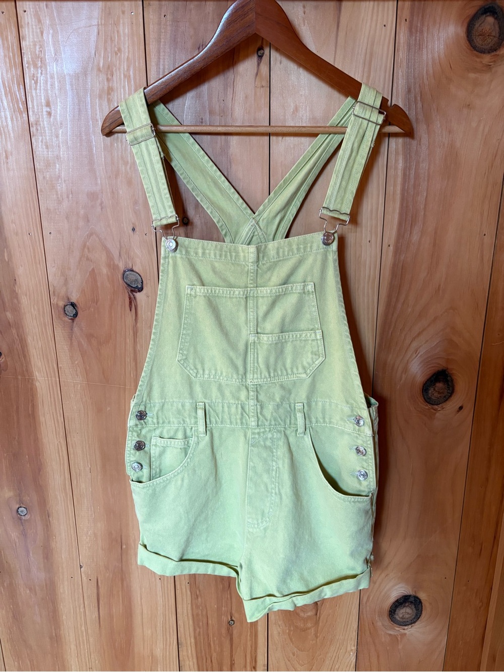 We The Free Lime Green Denim Short Overalls
